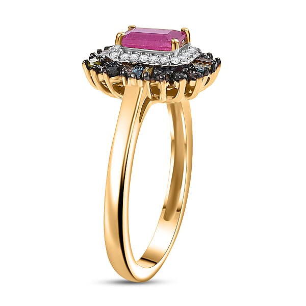 D'Joy Premium Royal Ruby And Multi Diamond 1.20 Ctw Firecracker Ring In 18K Vermeil Yellow Gold Over Sterling Silver
