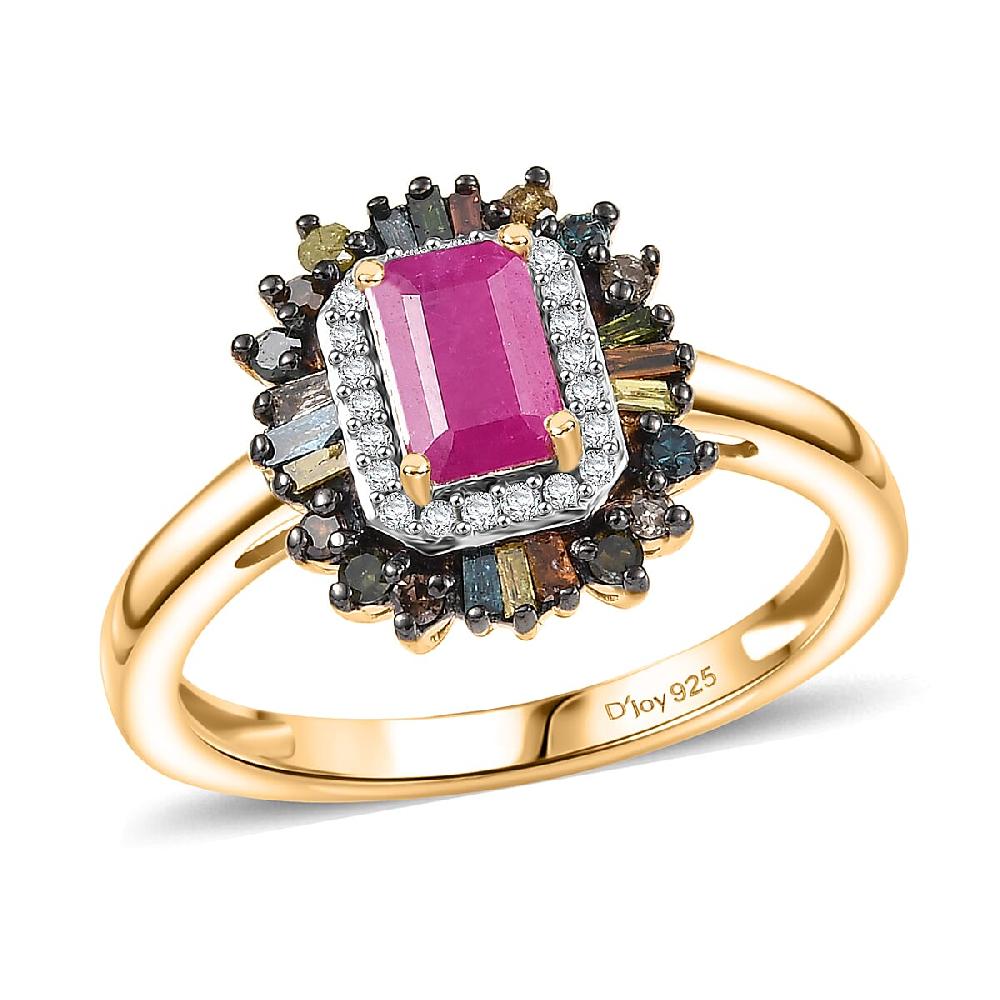 D'Joy Premium Royal Ruby and Multi Diamond 1.20 ctw Firecracker Ring in 18K Vermeil Yellow Gold Over Sterling Silver