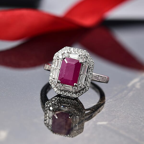 D'Joy Premium Royal Ruby Moissanite Art Deco Ring In Rhodium Over Sterling Silver 3.25 Ctw