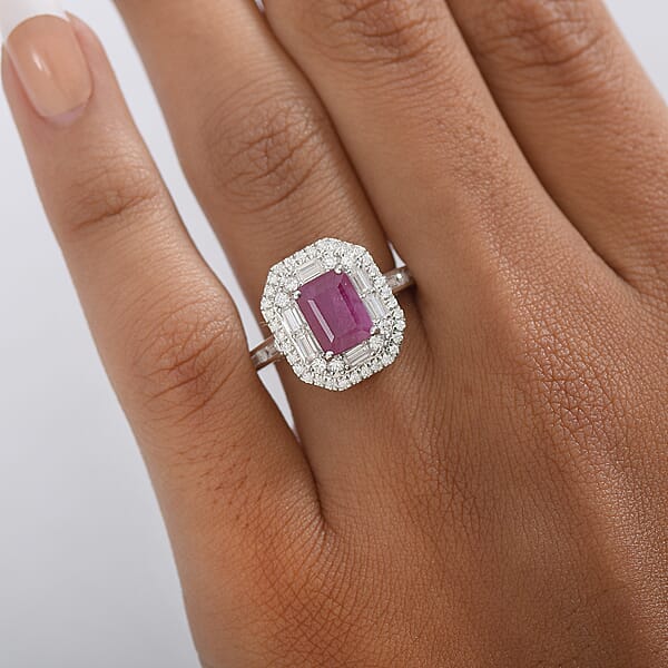 D'Joy Premium Royal Ruby Moissanite Art Deco Ring In Rhodium Over Sterling Silver 3.25 Ctw