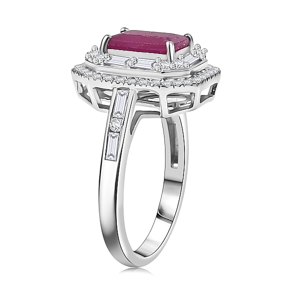 D'Joy Premium Royal Ruby Moissanite Art Deco Ring In Rhodium Over Sterling Silver 3.25 Ctw