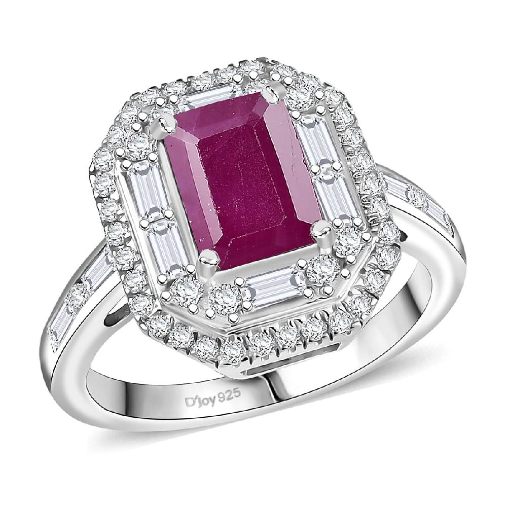 D'Joy Premium Royal Ruby Moissanite Art Deco Ring in Rhodium Over Sterling Silver 3.25 ctw