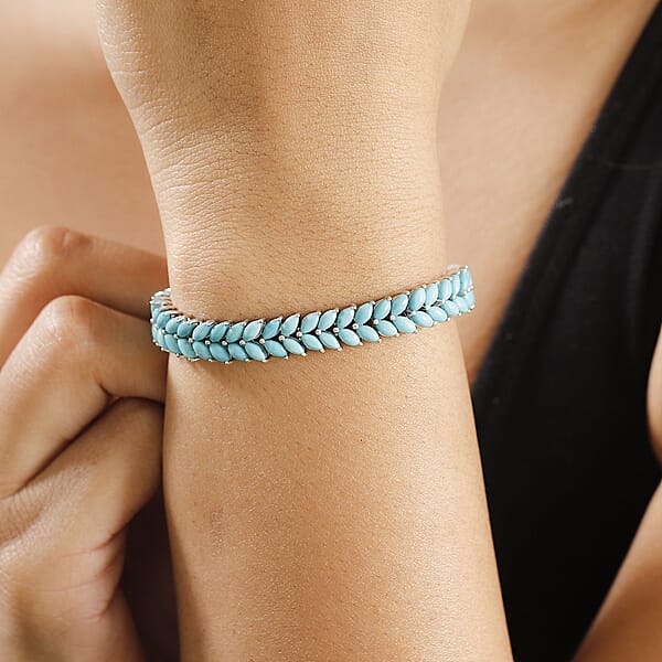 D'Joy Premium Sleeping Beauty Turquoise 15.00 Ctw Double Row Bracelet In Rhodium Over Sterling Silver (6.50 In)