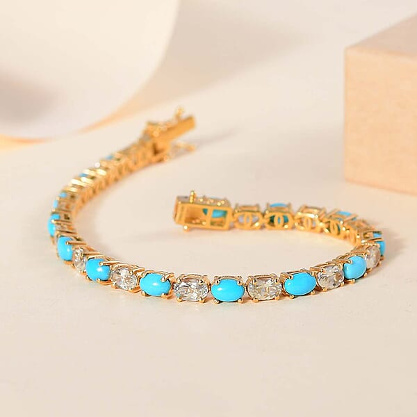 D'Joy Premium Sleeping Beauty Turquoise And AAA Turkizite 13.00 Ctw Tennis Bracelet In 18K Vermeil Yellow Gold Over Sterling Silver (7.25 In)