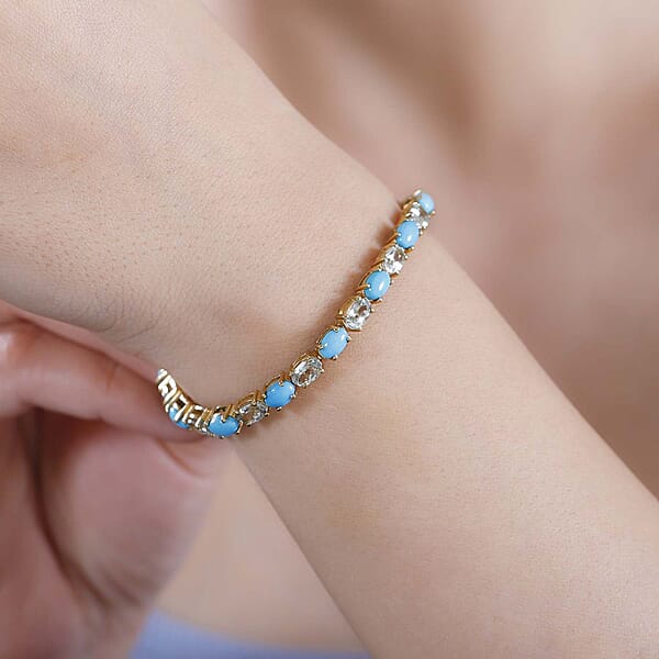 D'Joy Premium Sleeping Beauty Turquoise And AAA Turkizite 13.00 Ctw Tennis Bracelet In 18K Vermeil Yellow Gold Over Sterling Silver (7.25 In)