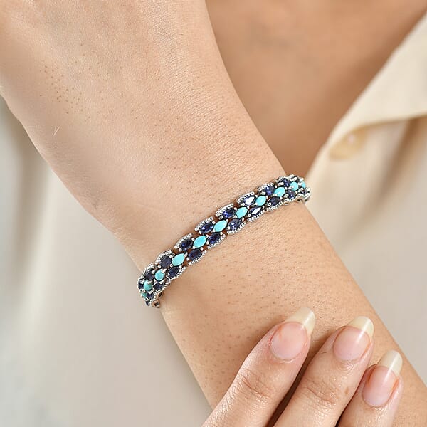 D'Joy Premium Sleeping Beauty Turquoise And Catalina Iolite 9.25 Ctw Blue Majesty Bracelet In Rhodium Over Sterling Silve (7.25 In)