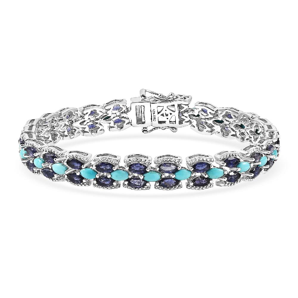 D'Joy Premium Sleeping Beauty Turquoise and Catalina Iolite 9.25 ctw Blue Majesty Bracelet in Rhodium Over Sterling Silve (7.25 In)