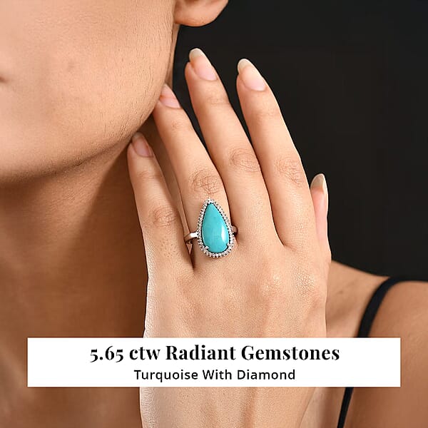 D'Joy Premium Sleeping Beauty Turquoise And Diamond 5.65 Ctw Ring In Rhodium Over Sterling Silver
