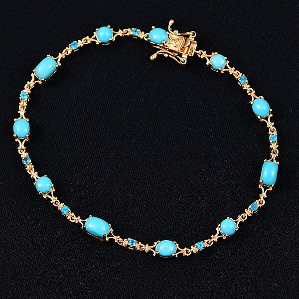 D'Joy Premium Sleeping Beauty Turquoise And Malgache Neon Apatite 4.65 Ctw Victoria Bracelet In 18K Vermeil Yellow Gold Over Sterling Silve (7.25 In)