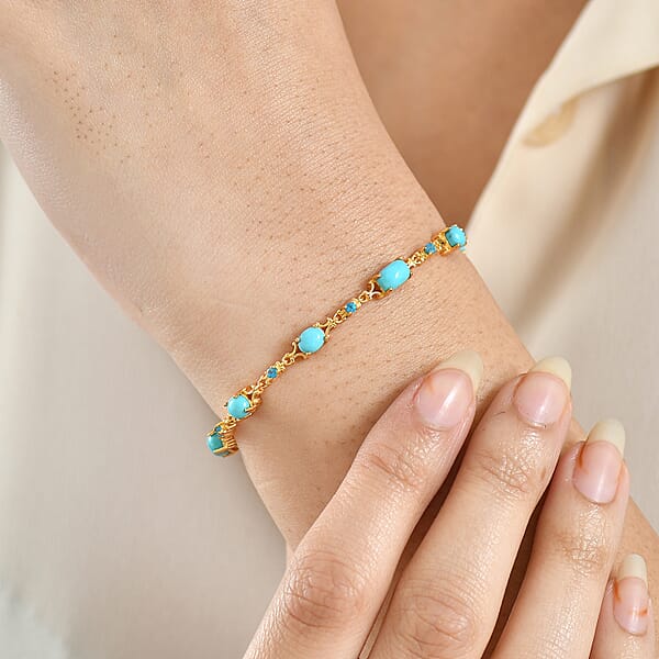 D'Joy Premium Sleeping Beauty Turquoise And Malgache Neon Apatite 4.65 Ctw Victoria Bracelet In 18K Vermeil Yellow Gold Over Sterling Silve (7.25 In)