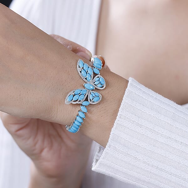 D'Joy Premium Sleeping Beauty Turquoise And Moissanite 17.00 Ctw Butterfly Bracelet In Rhodium Over Sterling Silver (7.25 In)