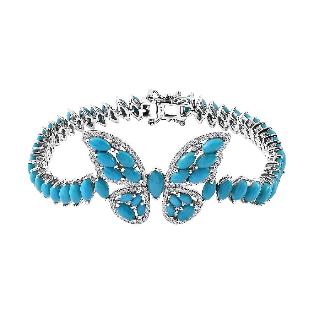D'Joy Premium Sleeping Beauty Turquoise and Moissanite 17.00 ctw Butterfly Bracelet in Rhodium Over Sterling Silver (7.25 In)