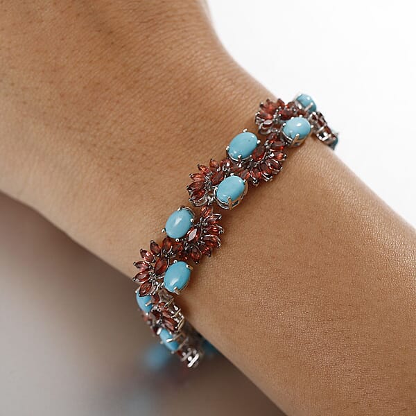 D'Joy Premium Sleeping Beauty Turquoise And Mozambique Garnet 28.60 Ctw Floral Symphony Bracelet In Rhodium Over Sterling Silver (7.25 In)