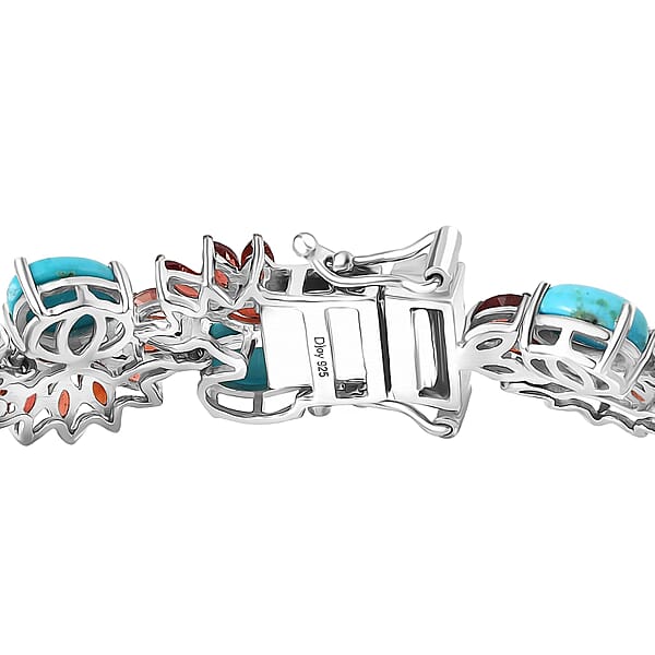 D'Joy Premium Sleeping Beauty Turquoise And Mozambique Garnet 28.60 Ctw Floral Symphony Bracelet In Rhodium Over Sterling Silver (7.25 In)