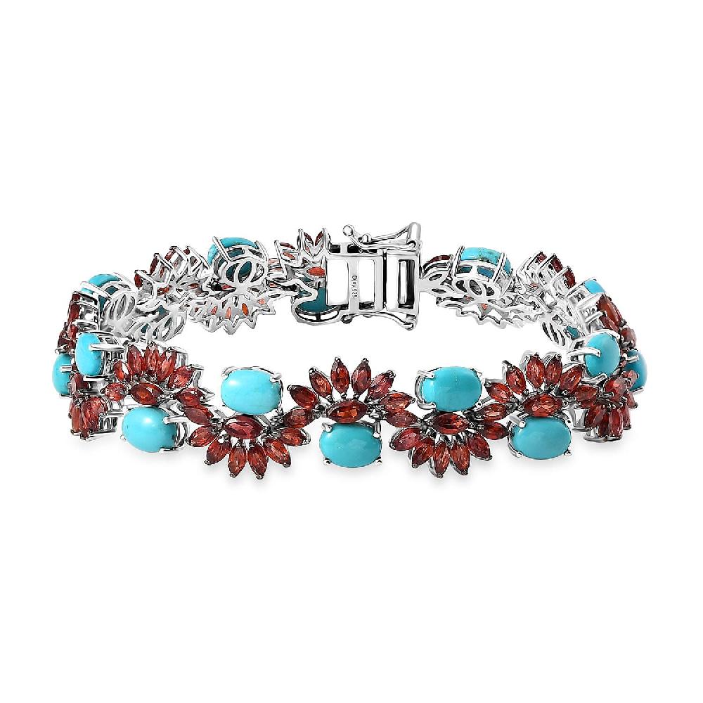 D'Joy Premium Sleeping Beauty Turquoise and Mozambique Garnet 28.60 ctw Floral Symphony Bracelet in Rhodium Over Sterling Silver (7.25 In)