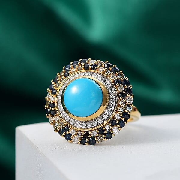 D'Joy Premium Sleeping Beauty Turquoise And Multi Gemstone 5.70 Ctw Enchanted Bloom Ring In 18K Vermeil Yellow Gold Over Sterling Silver