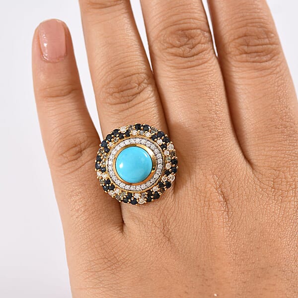 D'Joy Premium Sleeping Beauty Turquoise And Multi Gemstone 5.70 Ctw Enchanted Bloom Ring In 18K Vermeil Yellow Gold Over Sterling Silver