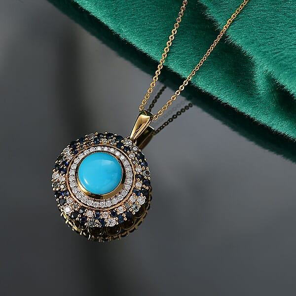 D'Joy Premium Sleeping Beauty Turquoise And Multi Gemstone 5.85 Ctw Enchanted Bloom Pendant Necklace In 18K Vermeil Yellow Gold Over Sterling Silver 20 Inches