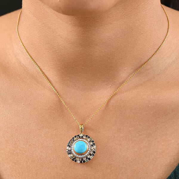 D'Joy Premium Sleeping Beauty Turquoise And Multi Gemstone 5.85 Ctw Enchanted Bloom Pendant Necklace In 18K Vermeil Yellow Gold Over Sterling Silver 20 Inches