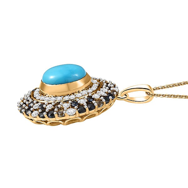 D'Joy Premium Sleeping Beauty Turquoise And Multi Gemstone 5.85 Ctw Enchanted Bloom Pendant Necklace In 18K Vermeil Yellow Gold Over Sterling Silver 20 Inches