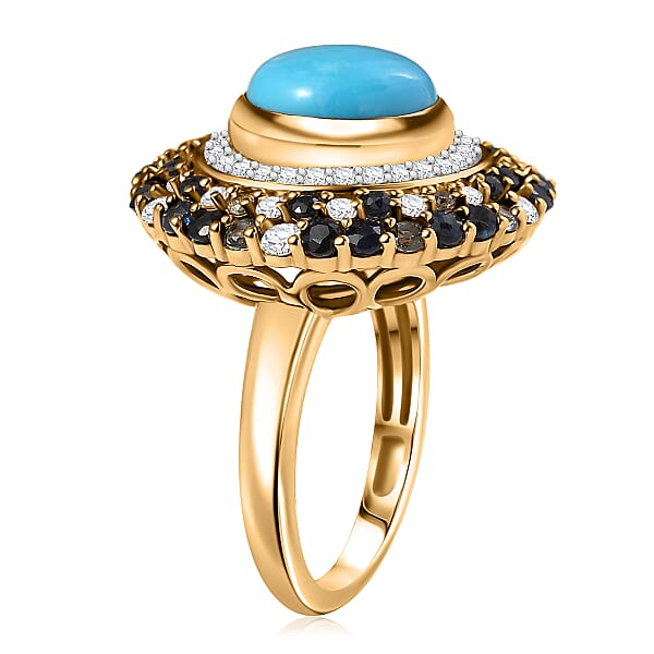 D'Joy Premium Sleeping Beauty Turquoise And Multi Gemstone 5.70 Ctw Enchanted Bloom Ring In 18K Vermeil Yellow Gold Over Sterling Silver