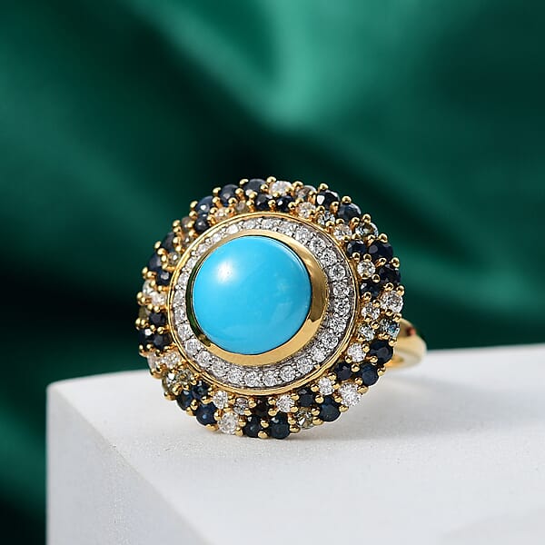 D'Joy Premium Sleeping Beauty Turquoise And Multi Gemstone 5.70 Ctw Enchanted Bloom Ring In 18K Vermeil Yellow Gold Over Sterling Silver