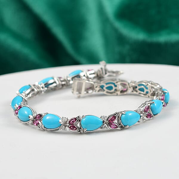D'Joy Premium Sleeping Beauty Turquoise And Multi Gemstone 16.70 Ctw Azure Bloom Bracelet In Rhodium Over Sterling Silver (7.25 In)