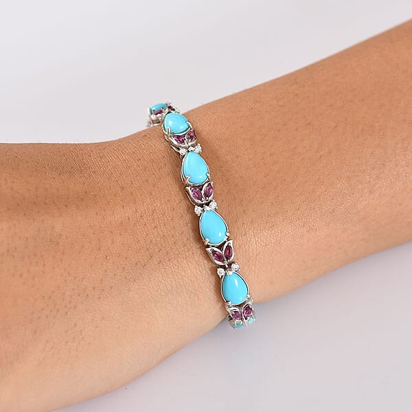 D'Joy Premium Sleeping Beauty Turquoise And Multi Gemstone 16.70 Ctw Azure Bloom Bracelet In Rhodium Over Sterling Silver (7.25 In)