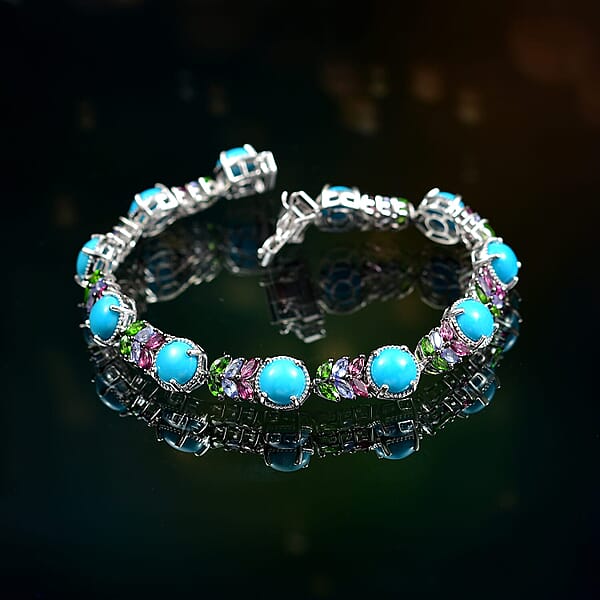D'Joy Premium Sleeping Beauty Turquoise And Multi Gemstone 16.70 Ctw Leaf Bracelet In Rhodium Over Sterling Silver (7.25 In)