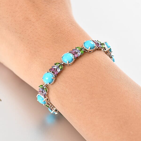 D'Joy Premium Sleeping Beauty Turquoise And Multi Gemstone 16.70 Ctw Leaf Bracelet In Rhodium Over Sterling Silver (7.25 In)