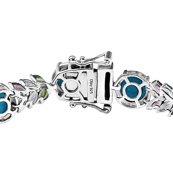D'Joy Premium Sleeping Beauty Turquoise And Multi Gemstone 16.70 Ctw Leaf Bracelet In Rhodium Over Sterling Silver (7.25 In)