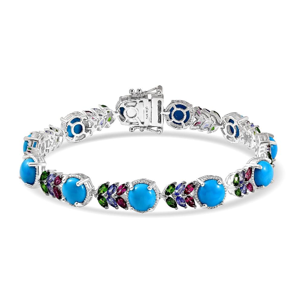 D'Joy Premium Sleeping Beauty Turquoise and Multi Gemstone 16.70 ctw Leaf Bracelet in Rhodium Over Sterling Silver (7.25 In)