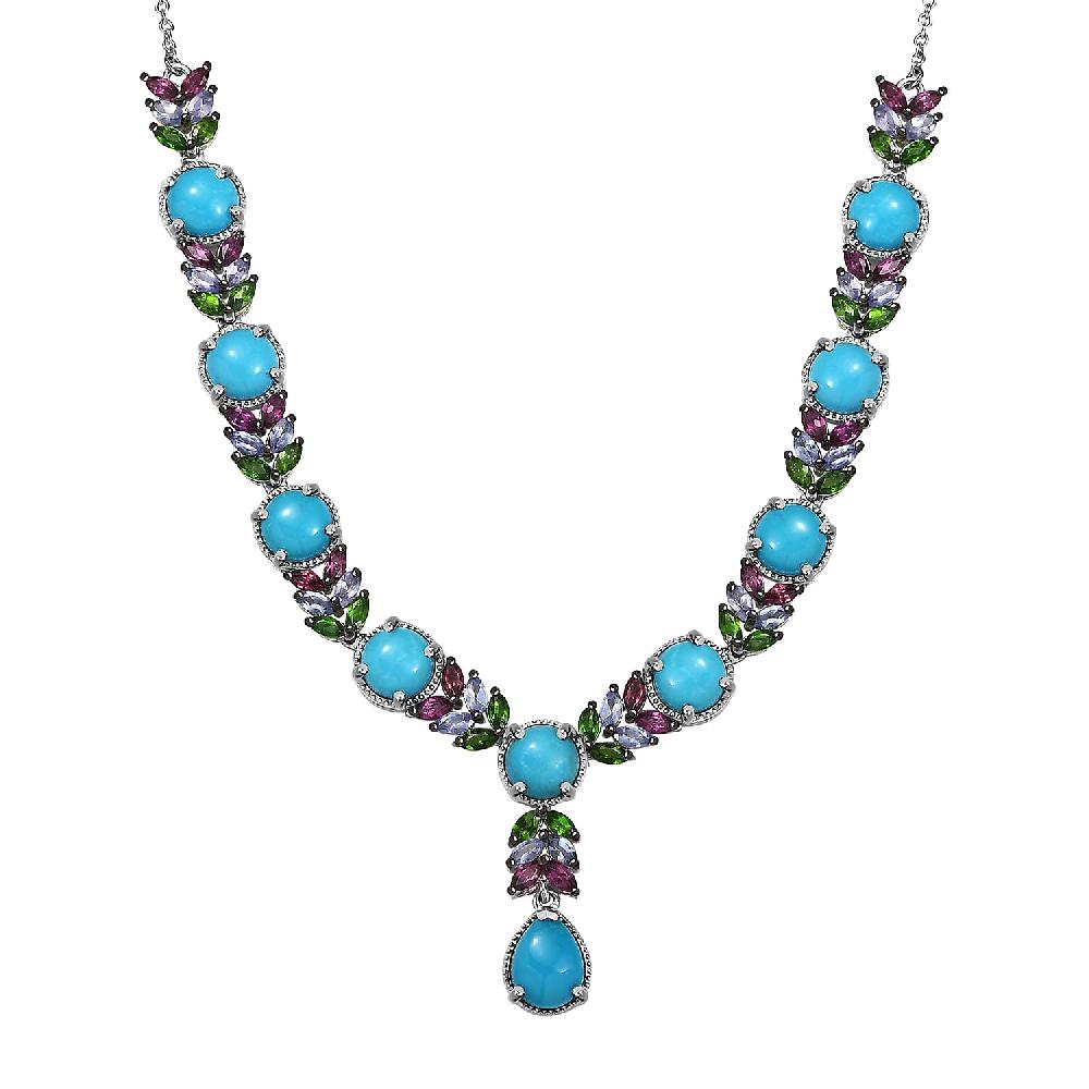 D'Joy Premium Sleeping Beauty Turquoise and Multi Gemstone 17.15 ctw Leaf Necklace in Rhodium Over Sterling Silver 18 Inches