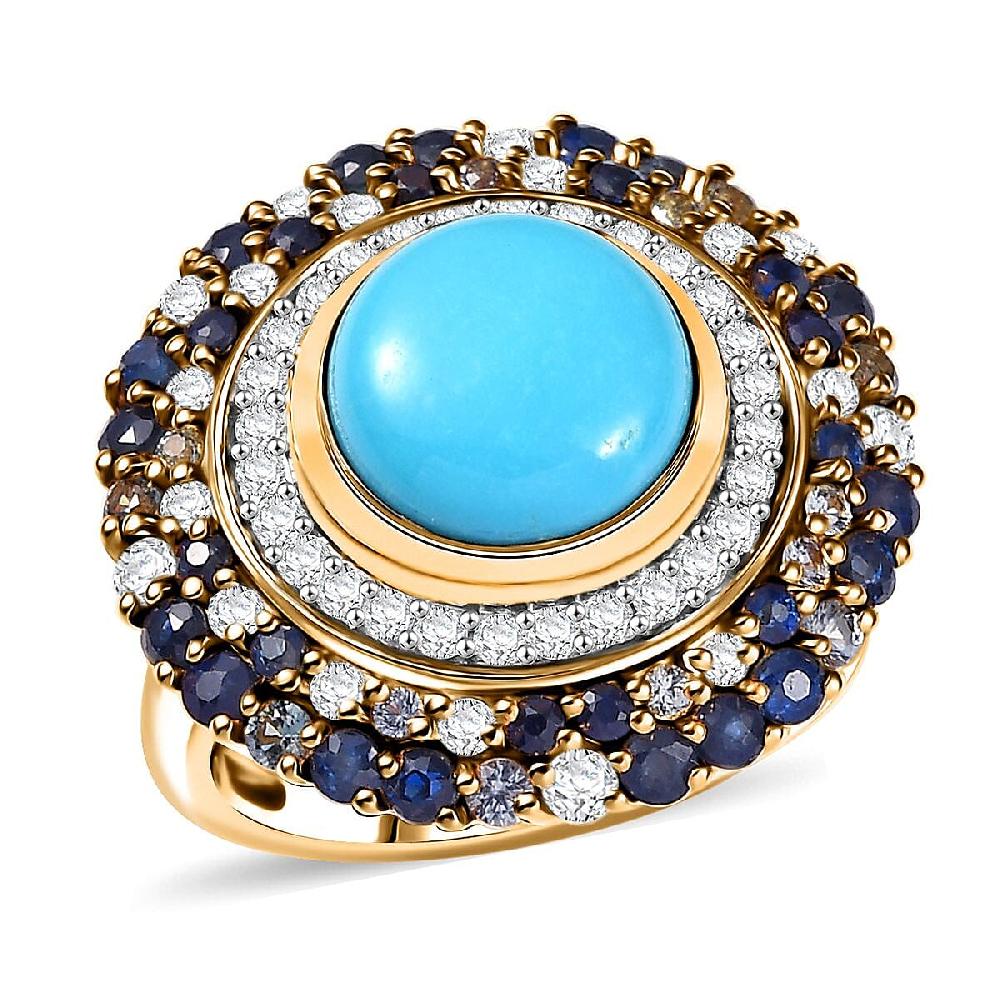 D'Joy Premium Sleeping Beauty Turquoise and Multi Gemstone 5.70 ctw Enchanted Bloom Ring in 18K Vermeil Yellow Gold Over Sterling Silver