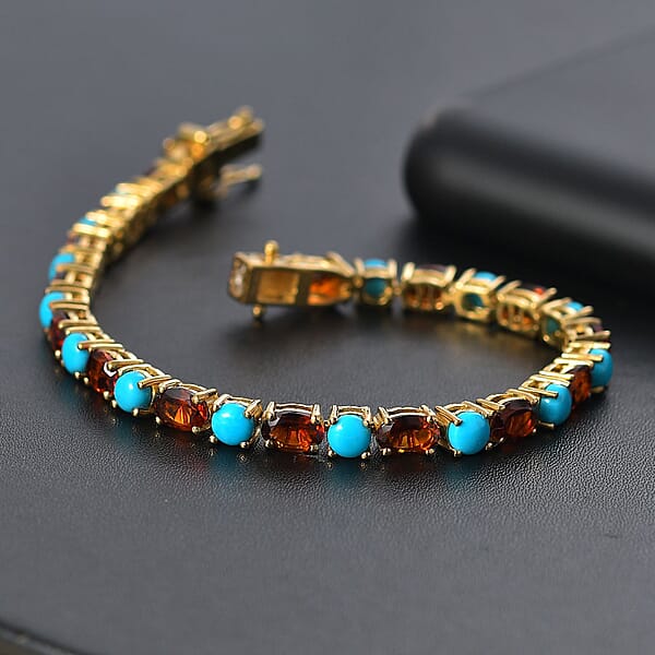 D'Joy Premium Sleeping Beauty Turquoise And Santa Ana Madeira Citrine 10.75 Ctw Tennis Bracelet In 18K Vermeil Yellow Gold Over Sterling Silver (6.50 In)
