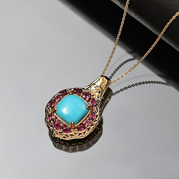 D'Joy Premium Sleeping Beauty Turquoise Orissa Rhodolite Garnet 4.75 Ctw Twilight Bloom Pendant Necklace 20 Inches In 18K Vermeil Yellow Gold Over Sterling Silver
