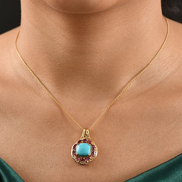 D'Joy Premium Sleeping Beauty Turquoise Orissa Rhodolite Garnet 4.75 Ctw Twilight Bloom Pendant Necklace 20 Inches In 18K Vermeil Yellow Gold Over Sterling Silver