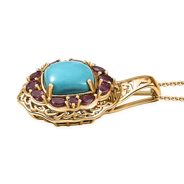 D'Joy Premium Sleeping Beauty Turquoise Orissa Rhodolite Garnet 4.75 Ctw Twilight Bloom Pendant Necklace 20 Inches In 18K Vermeil Yellow Gold Over Sterling Silver