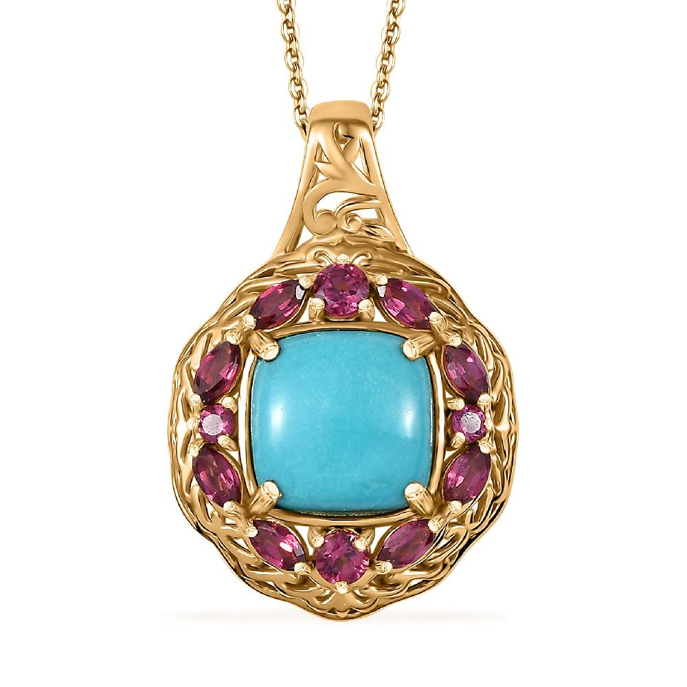 D'Joy Premium Sleeping Beauty Turquoise Orissa Rhodolite Garnet 4.75 ctw Twilight Bloom Pendant Necklace 20 Inches in 18K Vermeil Yellow Gold Over Sterling Silver