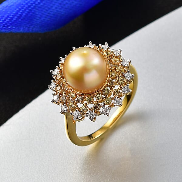 D'Joy Premium South Sea Golden Cultured Pearl And Multi Gemstone 1.00 Ctw Golden Sunflare Ring In 18K Vermeil Yellow Gold Over Sterling Silver
