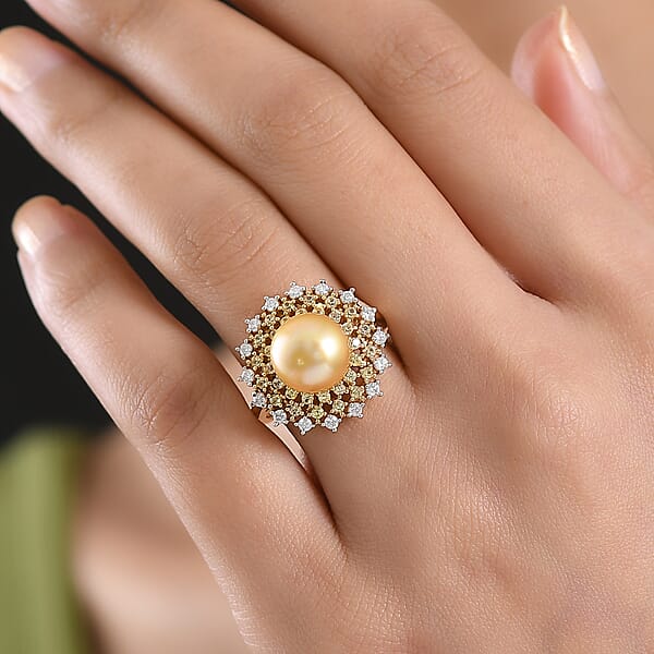 D'Joy Premium South Sea Golden Cultured Pearl And Multi Gemstone 1.00 Ctw Golden Sunflare Ring In 18K Vermeil Yellow Gold Over Sterling Silver