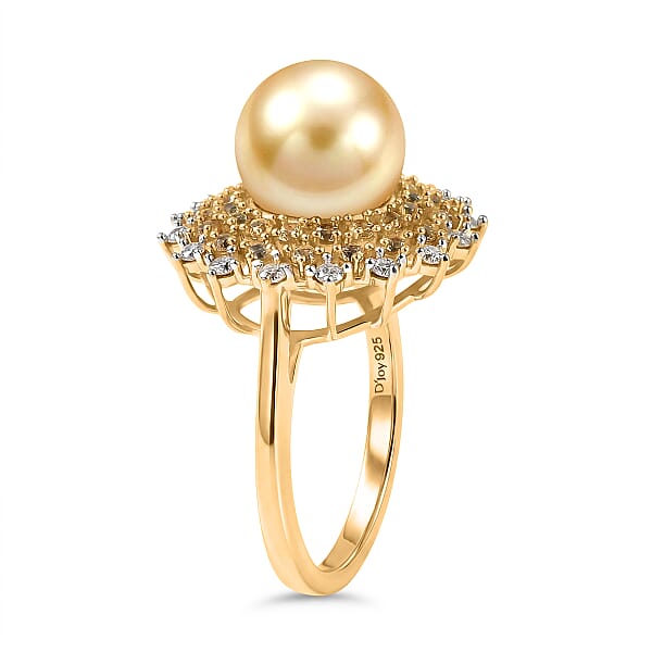 D'Joy Premium South Sea Golden Cultured Pearl And Multi Gemstone 1.00 Ctw Golden Sunflare Ring In 18K Vermeil Yellow Gold Over Sterling Silver