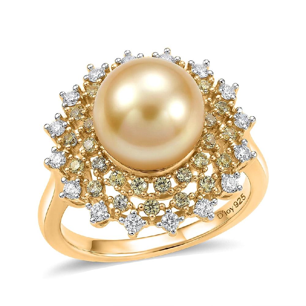 D'Joy Premium South Sea Golden Cultured Pearl and Multi Gemstone 1.00 ctw Golden Sunflare Ring in 18K Vermeil Yellow Gold Over Sterling Silver