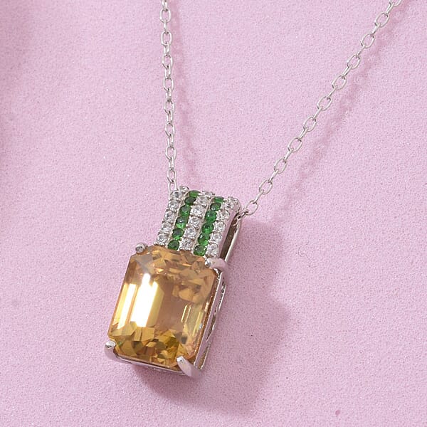 D'Joy Premium Tanzania Yellow Zircon And Multi Gemstone 4.30 Ctw Prism Elegance Pendant Necklace 20 Inches In Rhodium Over Sterling Silver