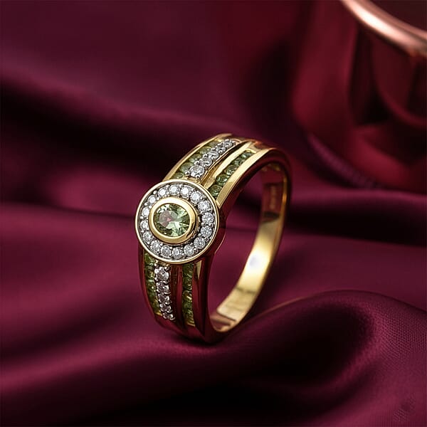 D'Joy Premium Tanzanian Mint Garnet And Moissanite 1.20 Ctw Men's Ring In 18K Vermeil Yellow Gold Over Sterling Silver