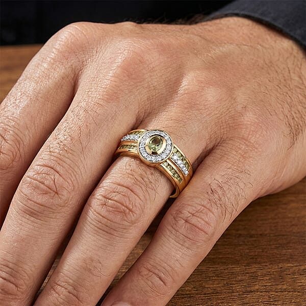 D'Joy Premium Tanzanian Mint Garnet And Moissanite 1.20 Ctw Men's Ring In 18K Vermeil Yellow Gold Over Sterling Silver