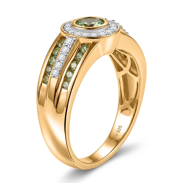 D'Joy Premium Tanzanian Mint Garnet And Moissanite 1.20 Ctw Men's Ring In 18K Vermeil Yellow Gold Over Sterling Silver