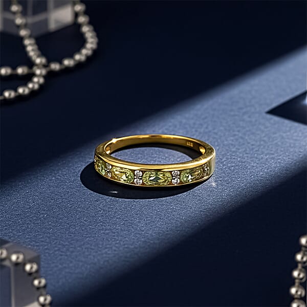 D'Joy Premium Tanzanian Mint Garnet And Moissanite 1.00 Ctw Band Ring In 18K Vermeil Yellow Gold Over Sterling Silver