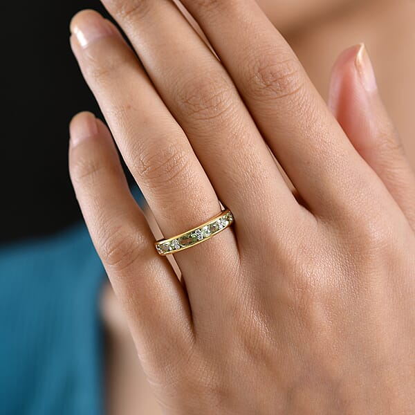 D'Joy Premium Tanzanian Mint Garnet And Moissanite 1.00 Ctw Band Ring In 18K Vermeil Yellow Gold Over Sterling Silver