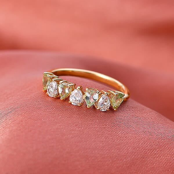 D'Joy Premium Tanzanian Mint Garnet And Moissanite 1.10 Ctw Pear Band Ring In 18K Vermeil Yellow Gold Over Sterling Silver